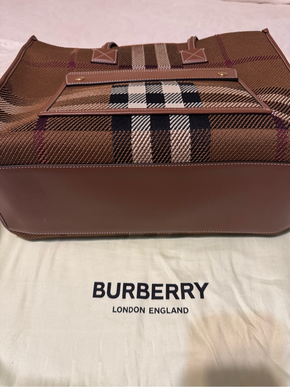 Burberry Brown Checked Canvas Knit Tote with Leather Trim - Picture 5 of 7